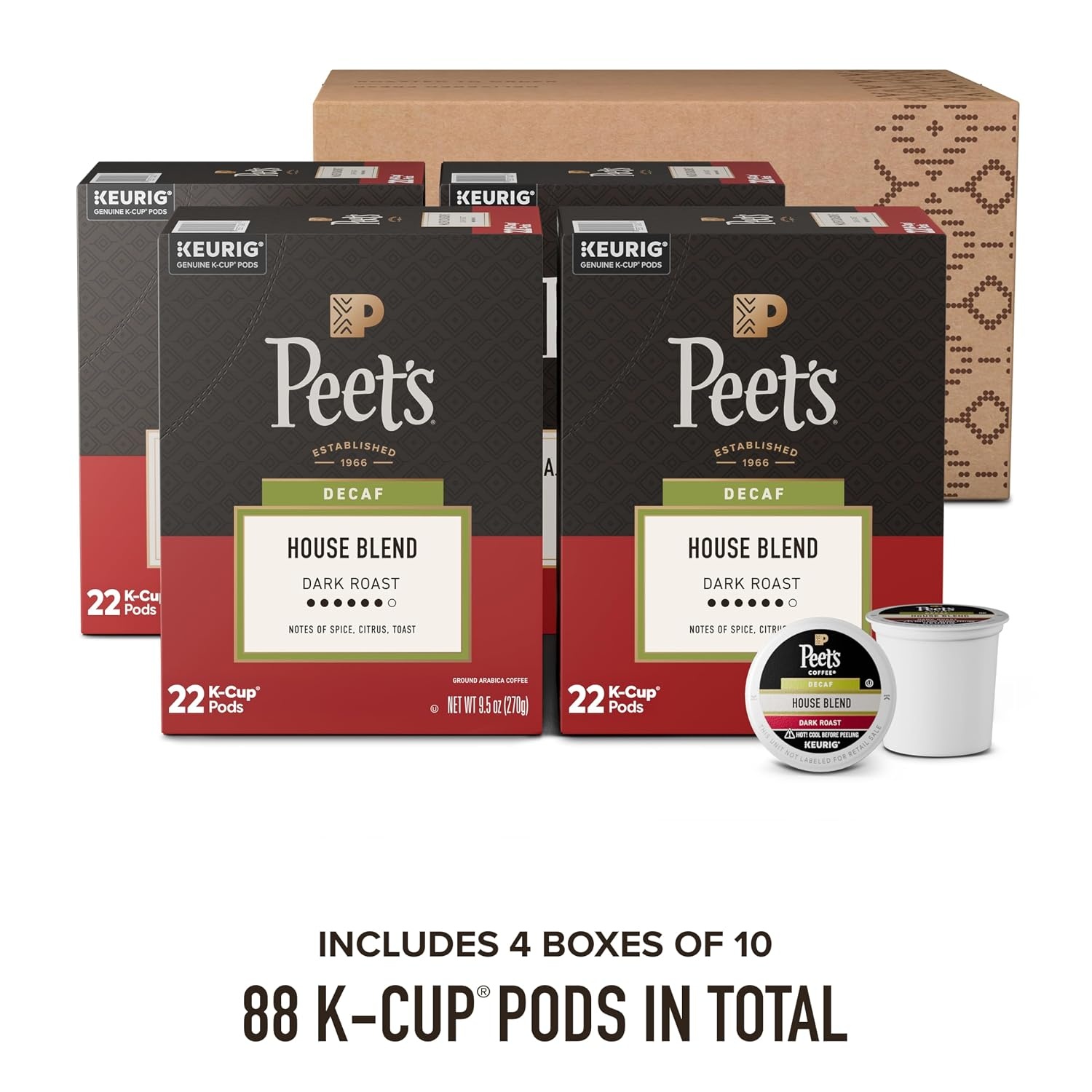 image:imagePeets Coffee Dark Roast Decaf Keurig KCup Pods Decaffeinated Arabica Coffee Decaf House Blend 60 Count 6 Boxes of 10 KCup PodsDecaf House Blend