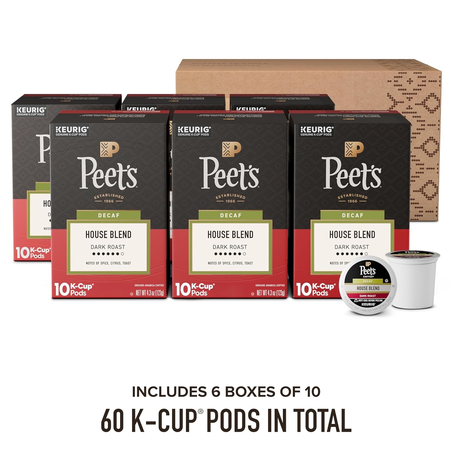 image:imagePeets Coffee Dark Roast Decaf Keurig KCup Pods Decaffeinated Arabica Coffee Decaf House Blend 60 Count 6 Boxes of 10 KCup PodsDecaf House Blend