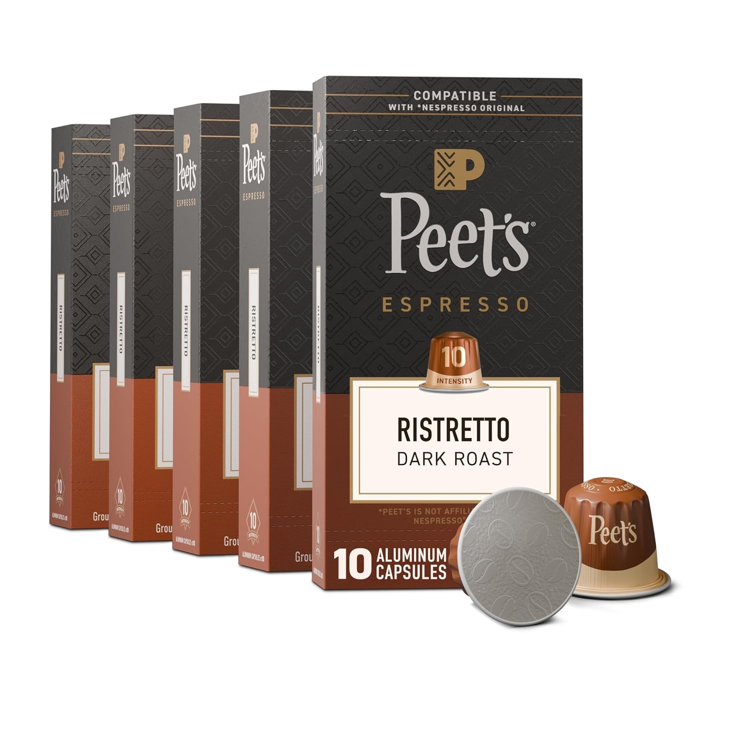 image:imagePeets Coffee Dark Roast Espresso Capsules Compatible with Nespresso Original Machine 100 Arabica Coffee Ristretto Intensity 10 50 Count 5 Boxes of 10 Espresso CapsulesRistretto