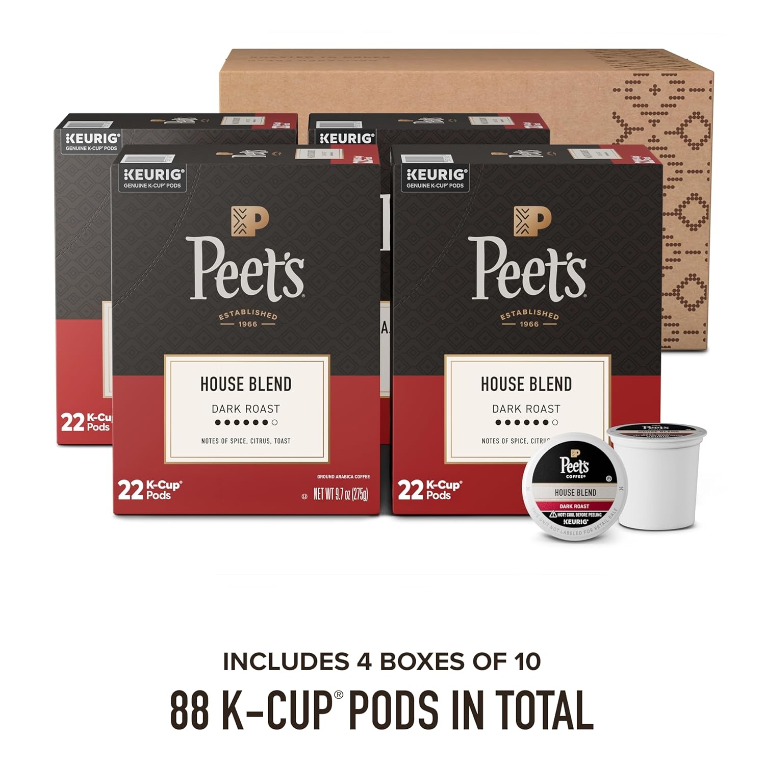 image:imagePeets Coffee Dark Roast Keurig KCup Pods 100 Arabica Coffee French Roast 88 Count 4 Boxes of 22 PodsHouse Blend