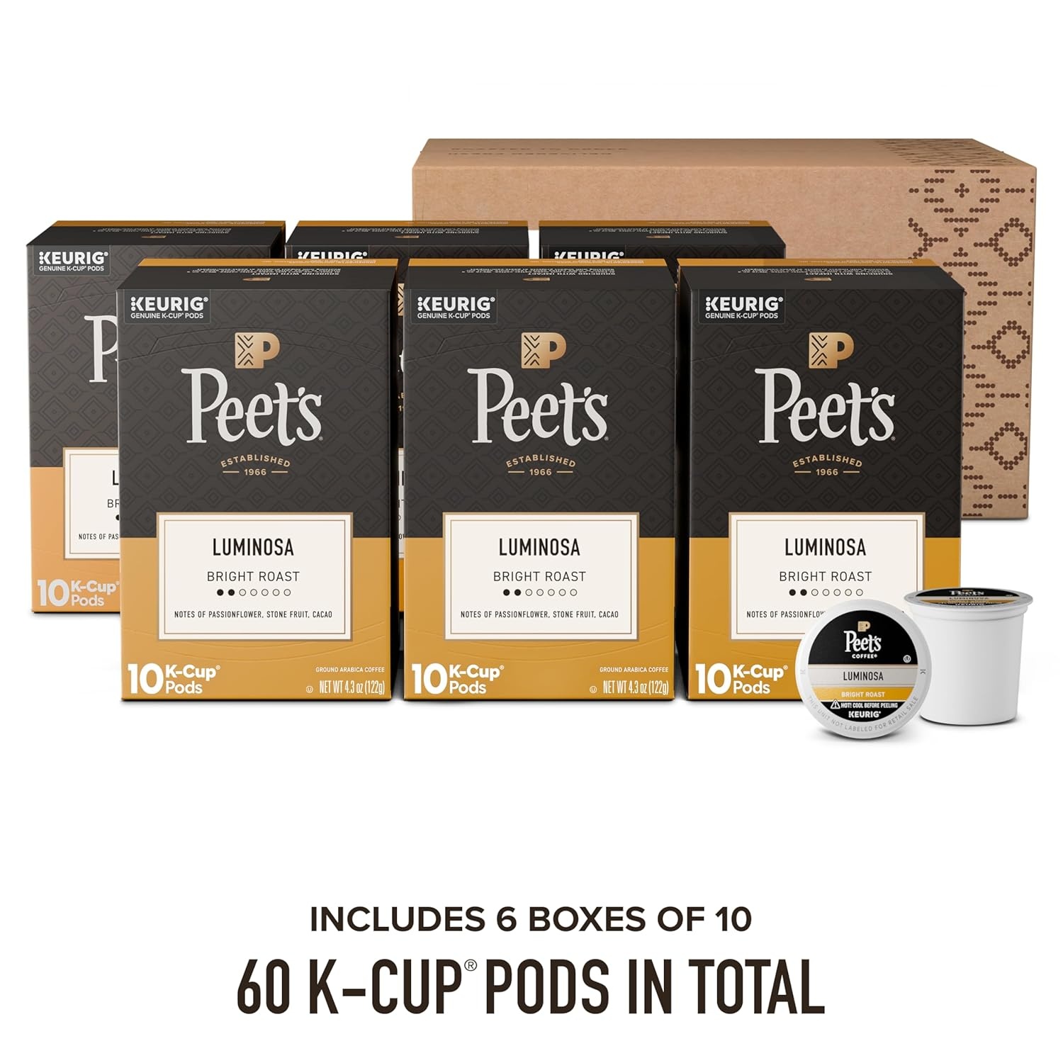 image:imagePeets Coffee Light Roast Keurig KCup Pods 100 Arabica Coffee Luminosa Breakfast Blend 6 Boxes of 10 KCup PodsLuminosa Breakfast Blend