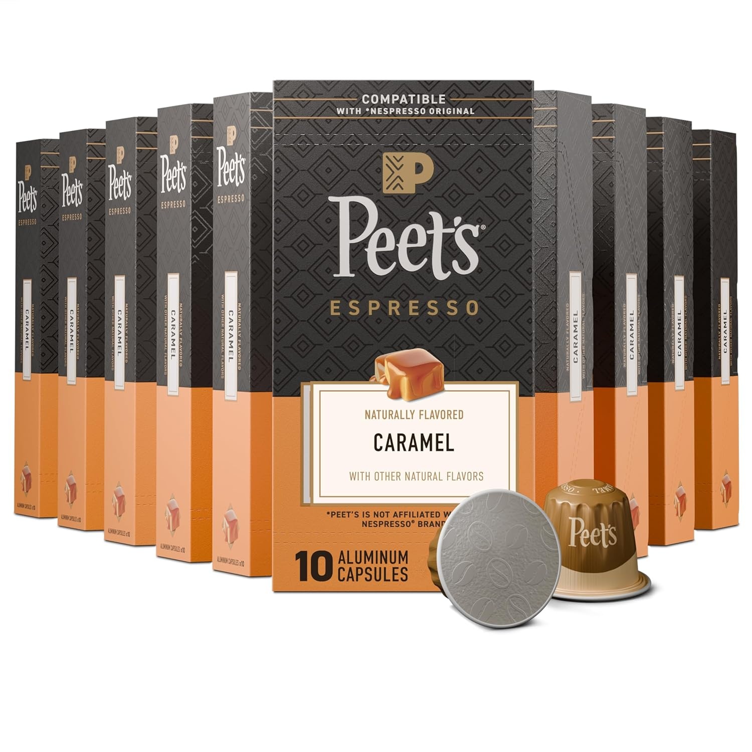 image:imagePeets Coffee Medium Roast Espresso Capsules Compatible with Nespresso Original Machine 100 Arabica Coffee Ricchezza Intensity 8 50 Count 5 Boxes of 10 Espresso CapsulesCaramel