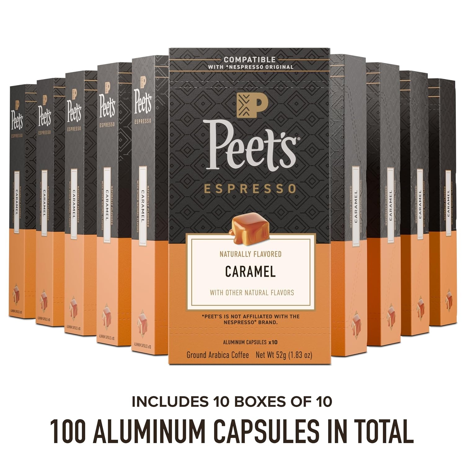 image:imagePeets Coffee Medium Roast Espresso Capsules Compatible with Nespresso Original Machine 100 Arabica Coffee Ricchezza Intensity 8 50 Count 5 Boxes of 10 Espresso CapsulesCaramel