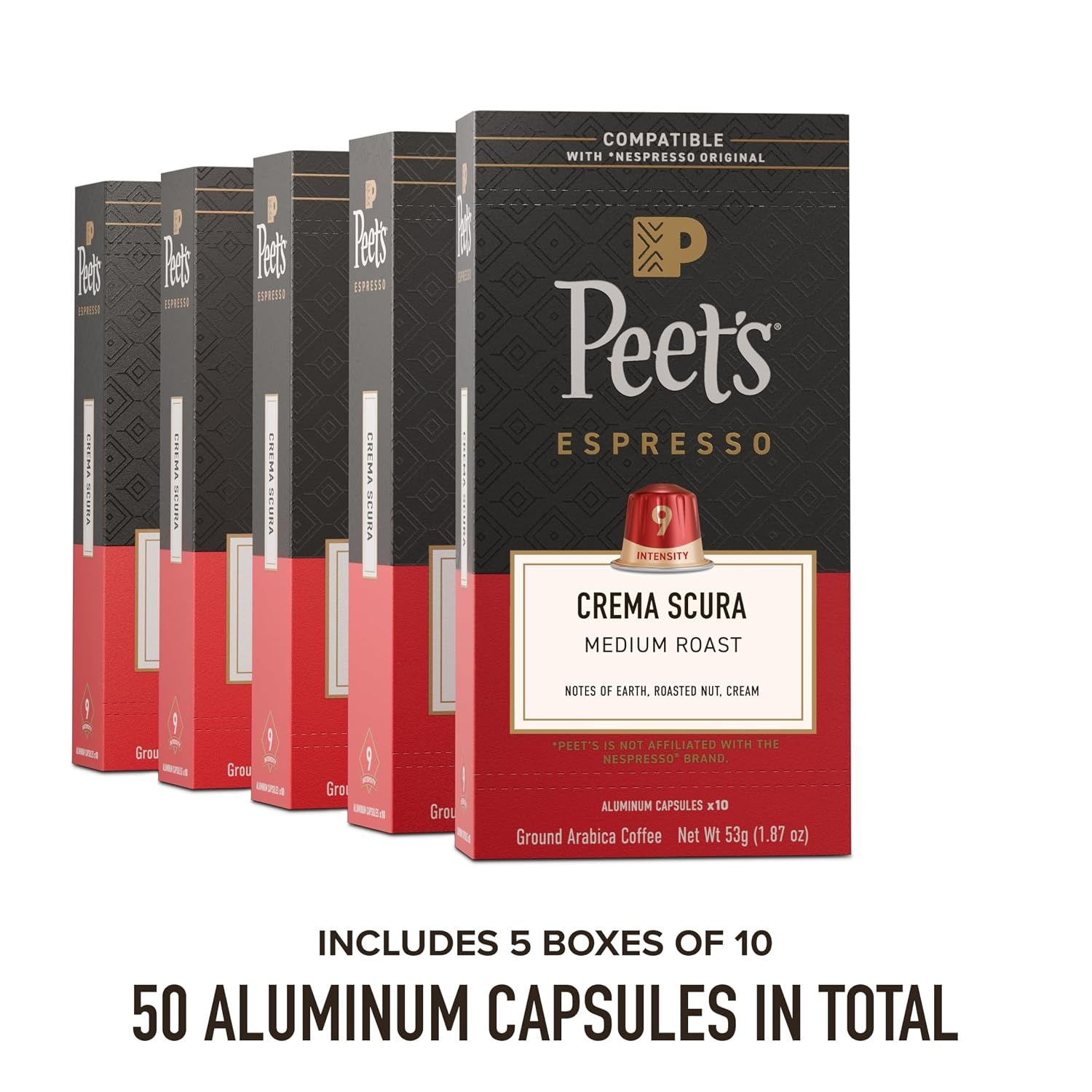 image:imagePeets Coffee Medium Roast Espresso Capsules Compatible with Nespresso Original Machine 100 Arabica Coffee Ricchezza Intensity 8 50 Count 5 Boxes of 10 Espresso CapsulesCrema Scura