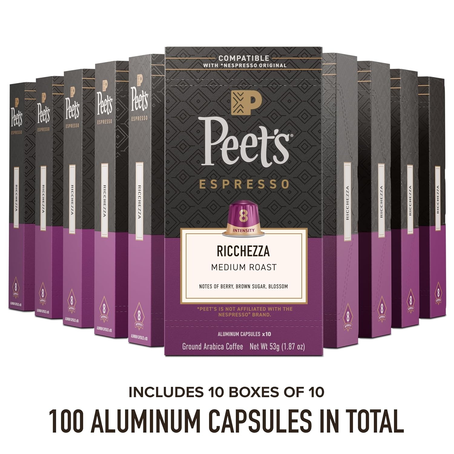 image:imagePeets Coffee Medium Roast Espresso Capsules Compatible with Nespresso Original Machine 100 Arabica Coffee Ricchezza Intensity 8 50 Count 5 Boxes of 10 Espresso CapsulesRicchezza