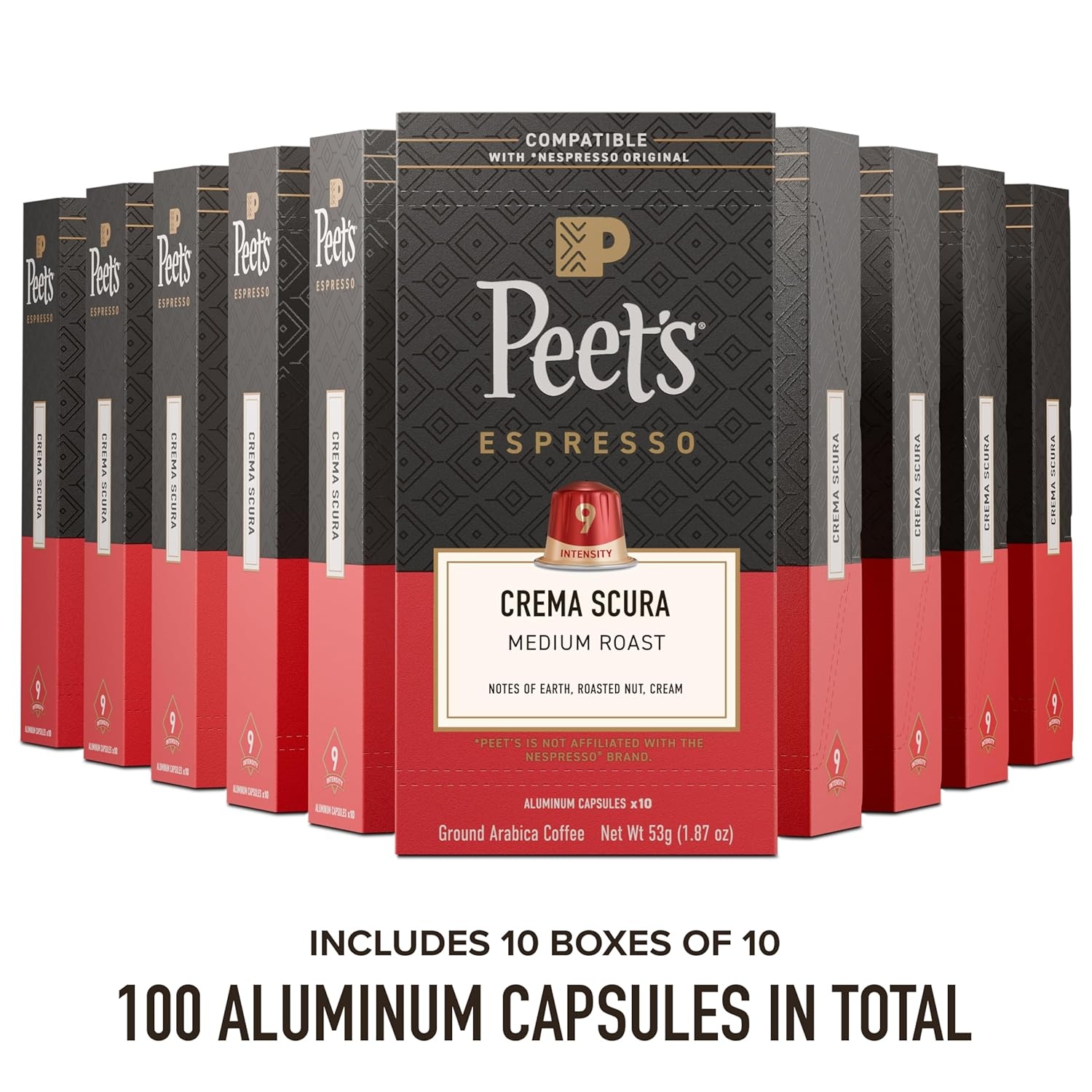 image:imagePeets Coffee Medium Roast Espresso Capsules Compatible with Nespresso Original Machine 100 Arabica Coffee Ricchezza Intensity 8 50 Count 5 Boxes of 10 Espresso CapsulesCrema Scura