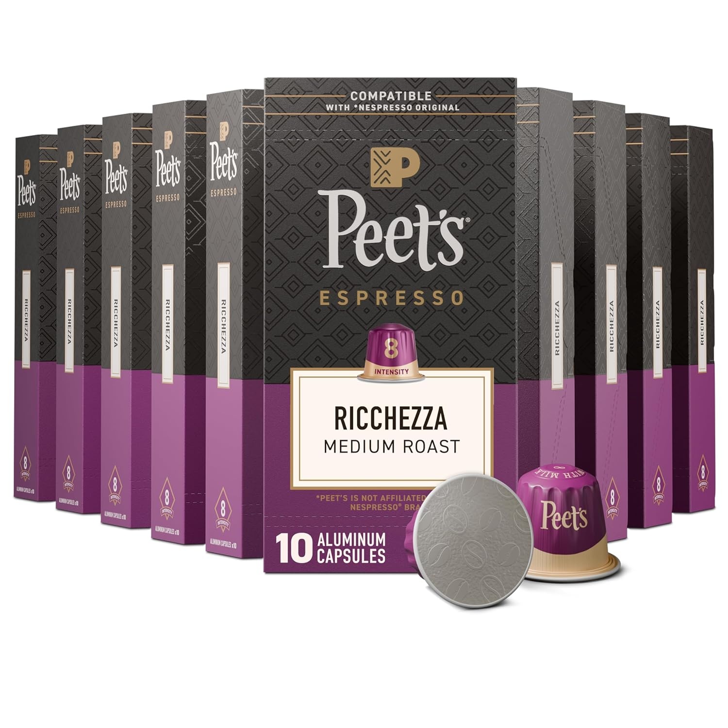 image:imagePeets Coffee Medium Roast Espresso Capsules Compatible with Nespresso Original Machine 100 Arabica Coffee Ricchezza Intensity 8 50 Count 5 Boxes of 10 Espresso CapsulesRicchezza