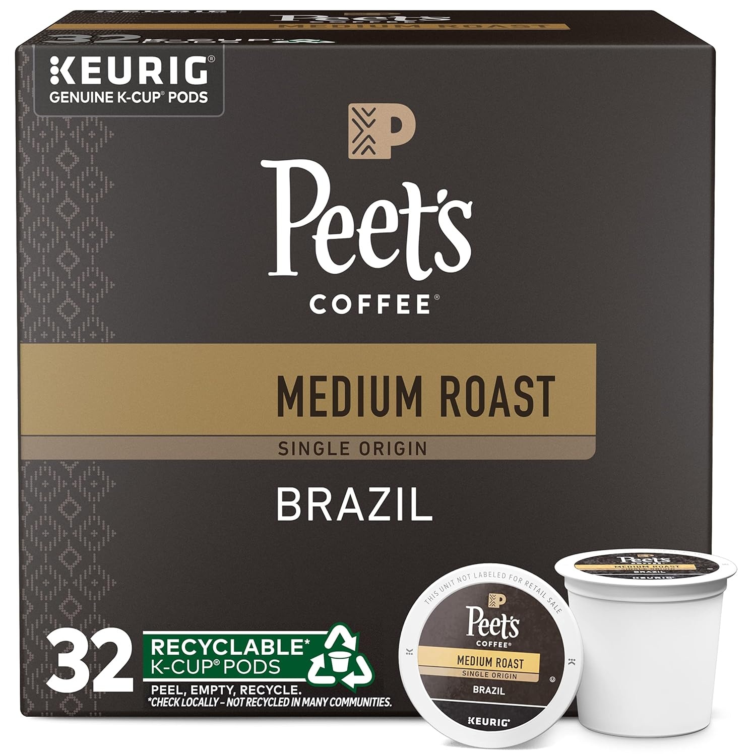 image:imagePeets Coffee Medium Roast Single Serve Coffee Pods 100 Arabica Coffee Caf Domingo 32 Count 1 Box of 32 PodsBrazil
