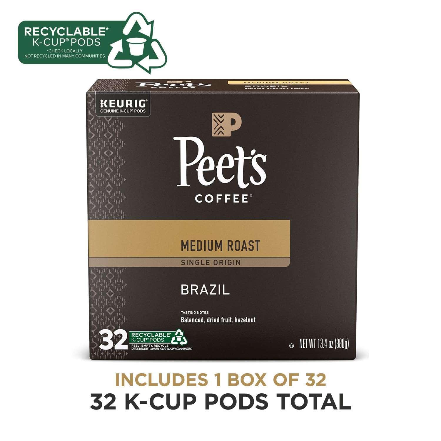 image:imagePeets Coffee Medium Roast Single Serve Coffee Pods 100 Arabica Coffee Caf Domingo 32 Count 1 Box of 32 PodsBrazil
