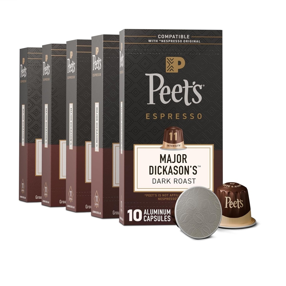 image:imagePeets Coffee Dark Roast Espresso Capsules Compatible with Nespresso Original Machine 100 Arabica Coffee Ristretto Intensity 10 50 Count 5 Boxes of 10 Espresso CapsulesMajor Dickasons Blend