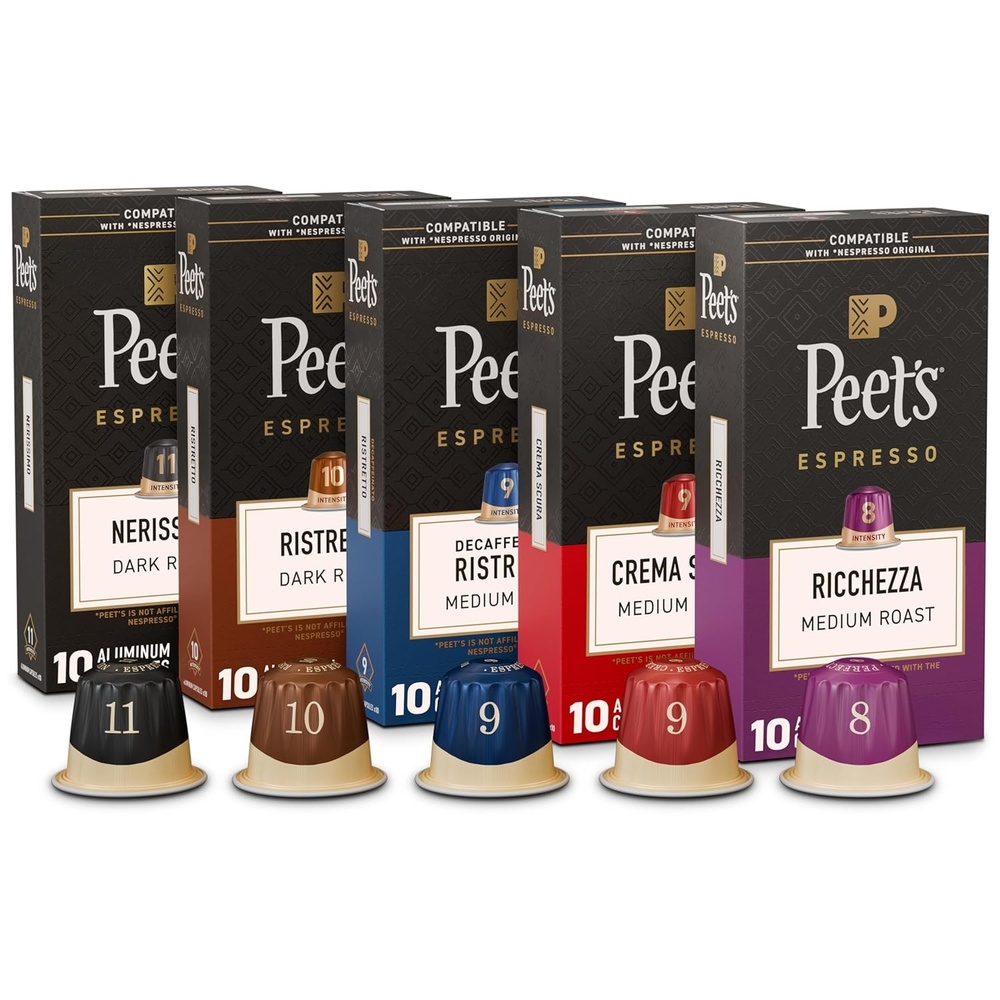 image:imagePeets Coffee Medium Roast Espresso Capsules Compatible with Nespresso Original Machine 100 Arabica Coffee Ricchezza Intensity 8 50 Count 5 Boxes of 10 Espresso CapsulesVariety Pack with Decaf