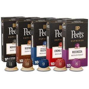 Peet’s Coffee, Medium Roast Espresso Capsules, Compatible with Nespresso Original Machine, 100% Arabica Coffee – Ricchezza Intensity 8, 50 Count (5 Boxes of 10 Espresso Capsules)(Variety Pack with Decaf)